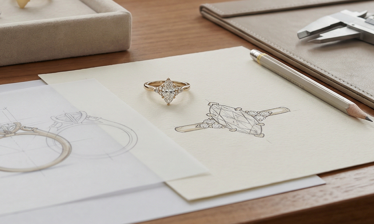 Jewelry design sketches on paper with a ring and earrings on a wooden surface.
