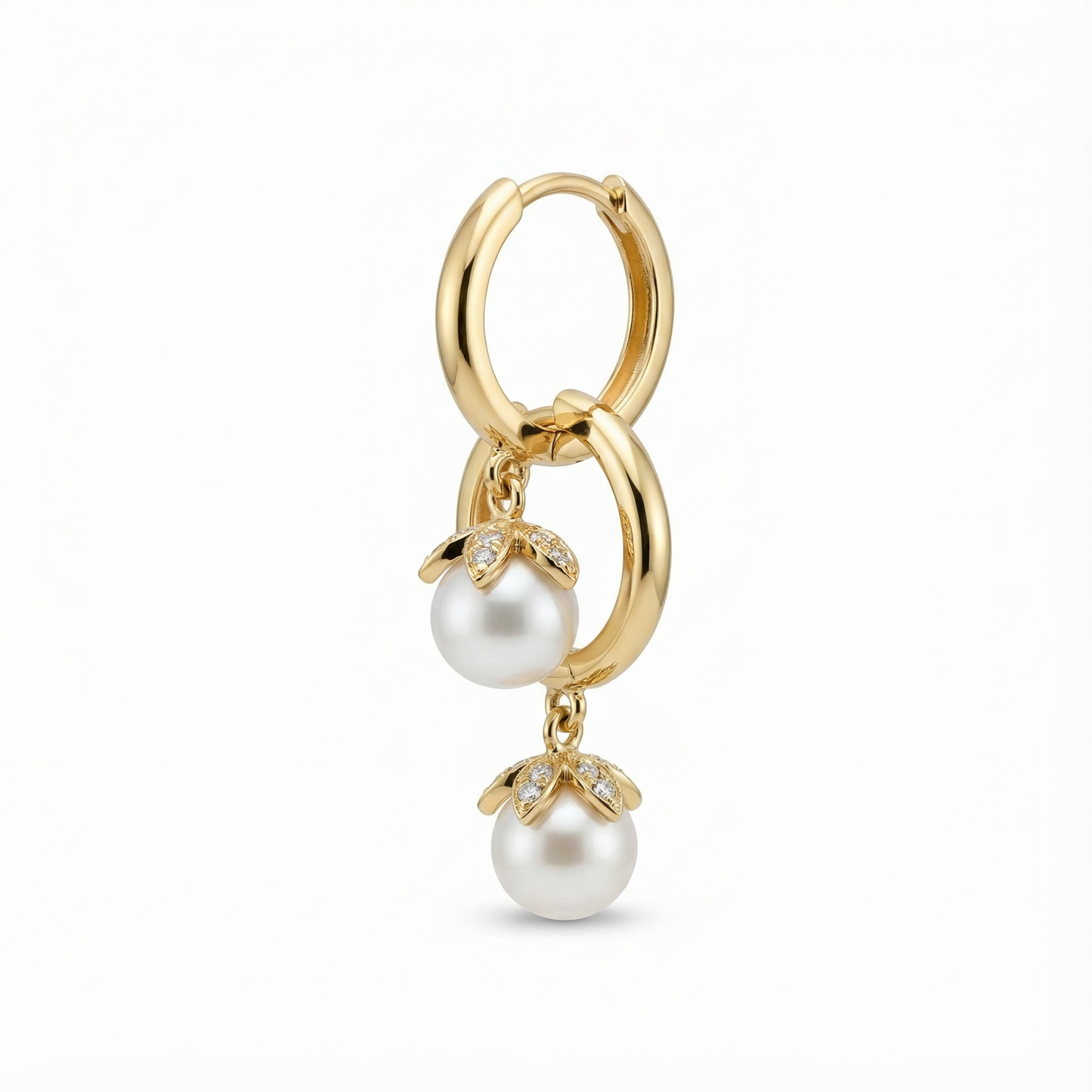 Maira 18ct and 22ct gold huggie earrings with a Pearl Drop, by Karat Goldsmiths 