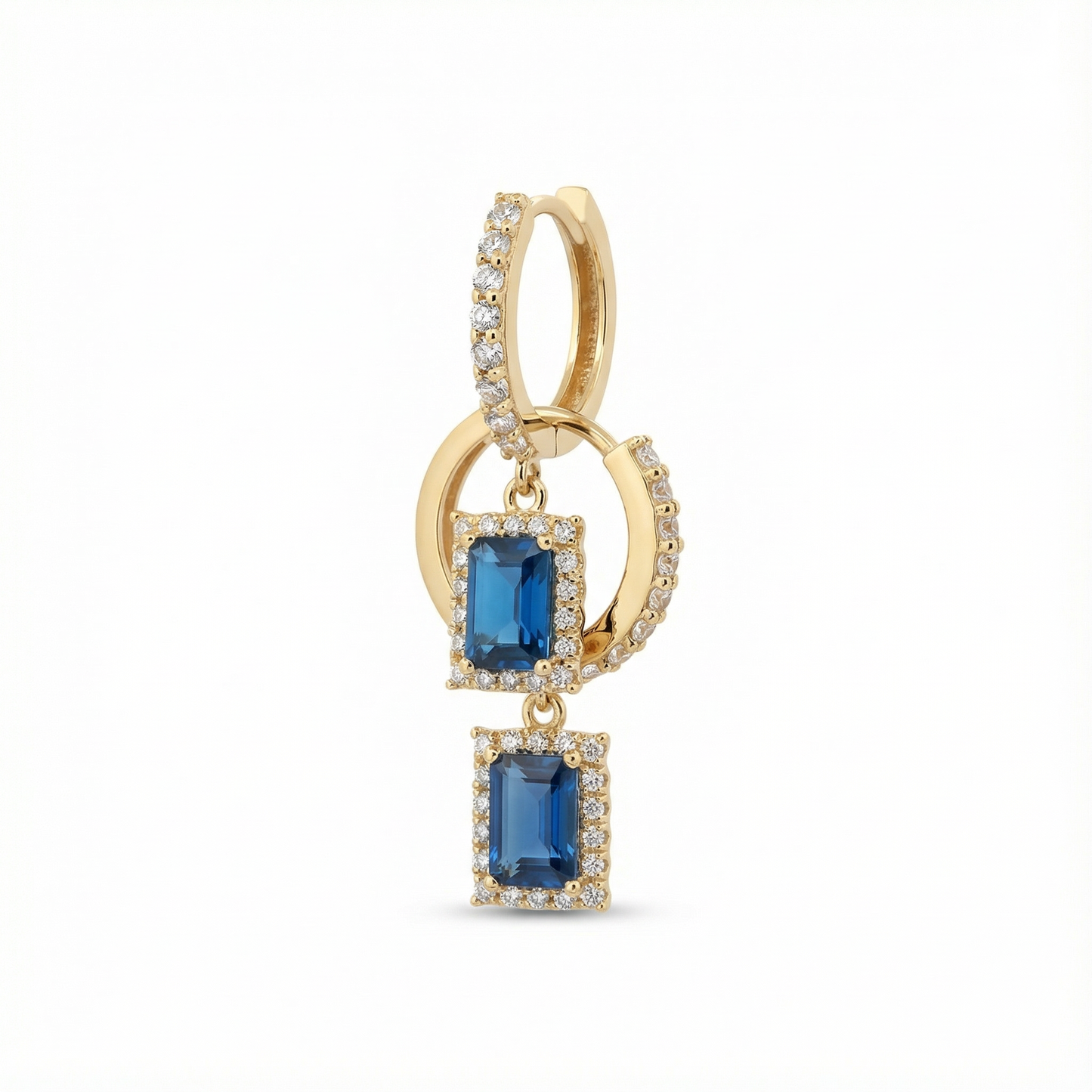 Safiya 18ct/22ct Yellow Gold Hoop Earrings with a Emerald Cut Sapphire Drop