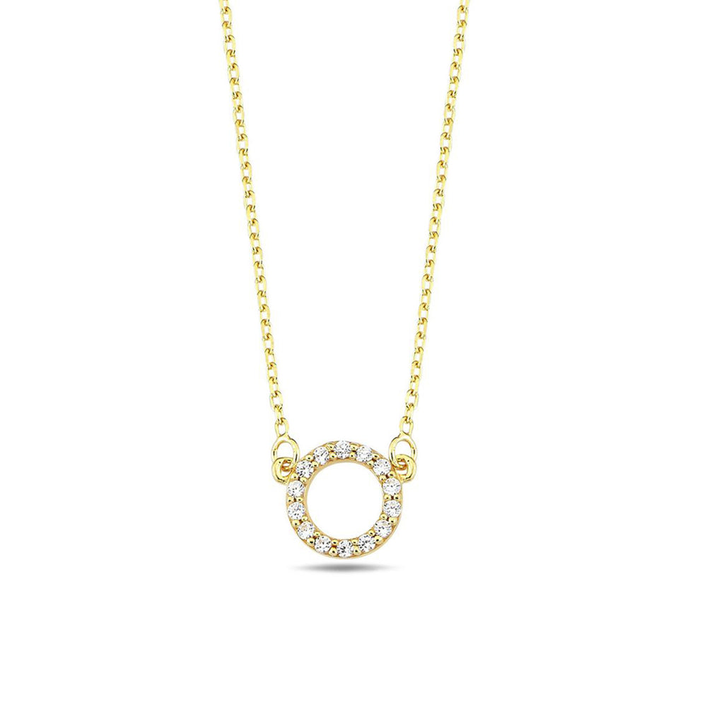 Gold necklace with a round diamond-studded pendant on a white background
