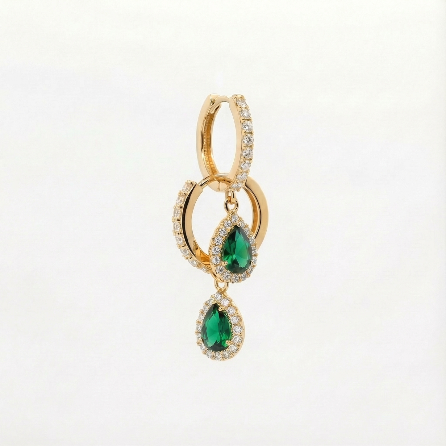 
                  
                    Elara 18ct and 22ct yellow Gold hoop earrings with a emerald stone-set pear drop, by Karat Goldsmiths
                  
                
