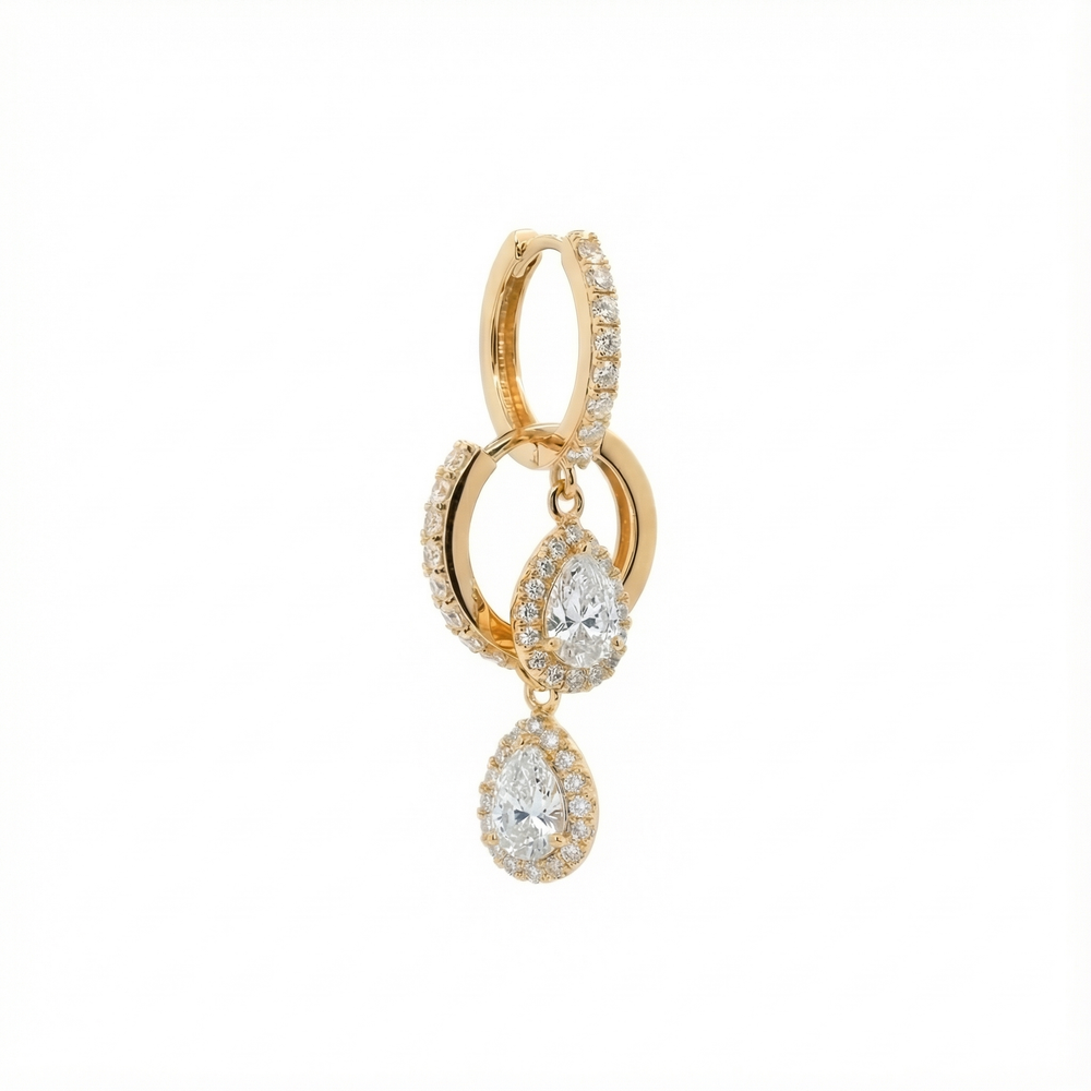 Gold diamond drop earring with teardrop and hoop design on white background