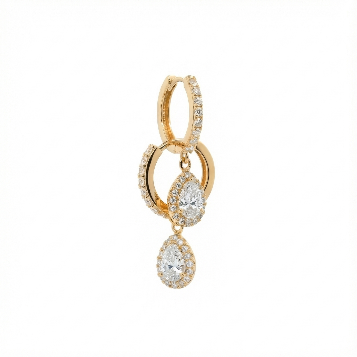 Elara 18ct and 22ct yellow Gold hoop earrings with a clear stone-set pear drop, by Karat Goldsmiths